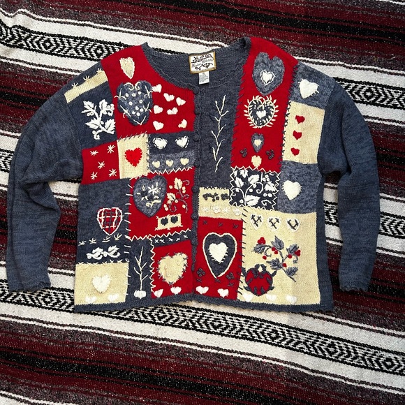 Cutest heart& floral  knit button down sweater cardigan XL Heirloom Collectables - Picture 1 of 8